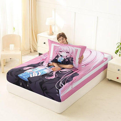Erosebridal 3D Japanese Twin Bed Sheets Anime Girl Drinking Milk Tea Fitted Sheet,Cute Kawaii Girly Kids Bedding Sets Modern Fashion Aesthetic Sheets with 1 Pillowcase