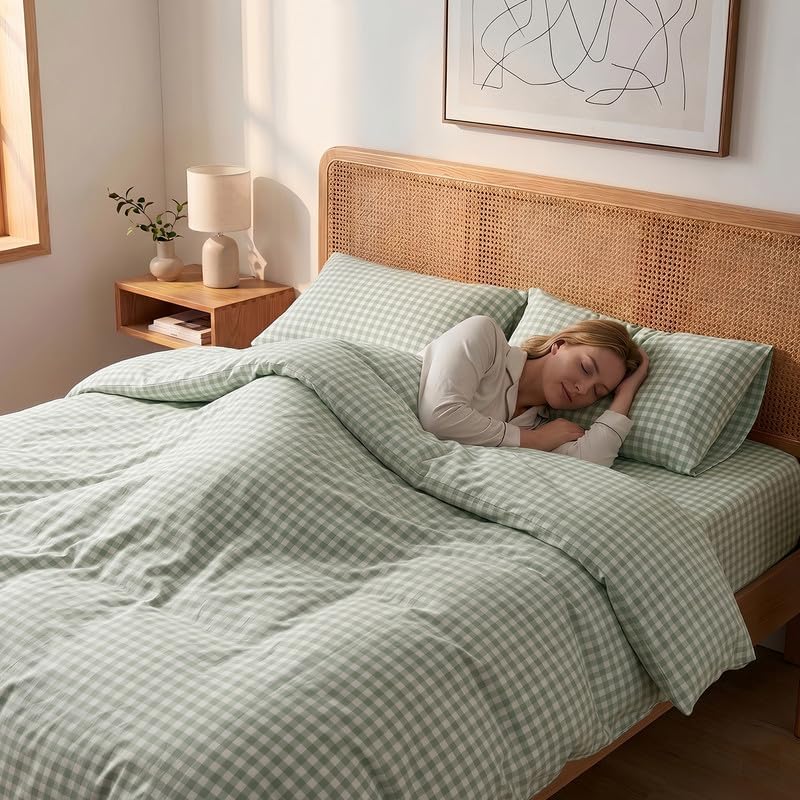 NEXHOME PRO Green Gingham Duvet Cover Queen, 100% Washed Cotton Like Linen Feel Organic Natural Bedding Set 3 Piece Sage Vintage Plaid Checkered Comforter Cover Set (No Comforter) 9090
