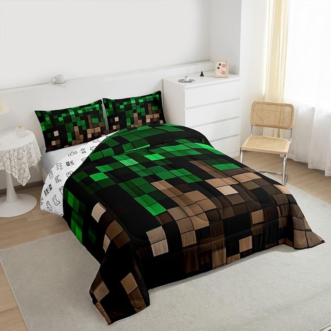 Manfei Miners Pixel Checked Girls Bedding Set Twin Size,Video Games Check Lattice Comforter Set,Game Cartoon Gamepad Quilt Comforter Girls Boys Teens,Green Brown Room Decor All Season,1 Pillowcase