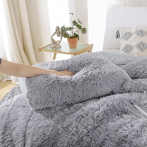 Smoofy Fluffy Full Size Comforter Set, Grey Faux Fur Comforter Set 3 Pieces