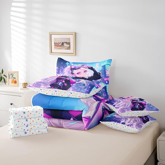 7 Piece Girls Japanese Anime Bedding Set King, Kawaii Anime Girl Comforter Sets Cartoon Girl Bed In A Bag For Kids Teens Adult Women, Japanese Animation Sci Fi Style Sheet Sets With Comforter