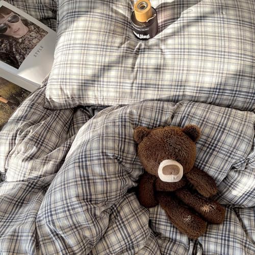 mixinni Twin XL Duvet Cover Set - 3 Piece Vintage Buffalo Plaid Bedding, 100% Washed Cotton Duvet Cover with 2 Pillowcases, Soft & Breathable Navy Beige White Geometric Grid Pattern for All Seasons