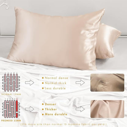 PROMEED 100% Mulberry Silk Pillowcase 2 Pack with Zipper, 23 Momme Grade 6A+ Silk Pillow Case King Size Set of 2, Cooling Pillow Cases for Hot Sleepers (King 20"x36", Champagne)