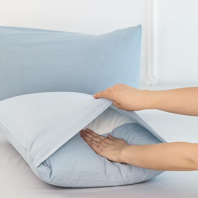 MooMee Bedding Pillowcases Pack of 2 100% Washed Cotton Linen Like Textured Breathable Durable Soft Comfy (Heathered Cornflower Blue, Standard)