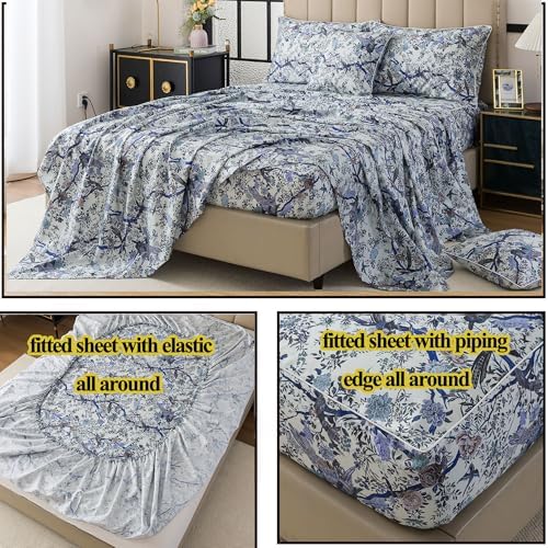 FADFAY Sheets Set Twin XL Botanical Bird Floral Bed Sheets Set Vintage Blue Farmhouse Bedding Shabby Branches Bedding Collections 100% Egyptian Cotton Breathable Soft Deep Pocket 4Pcs, Twin XL Size