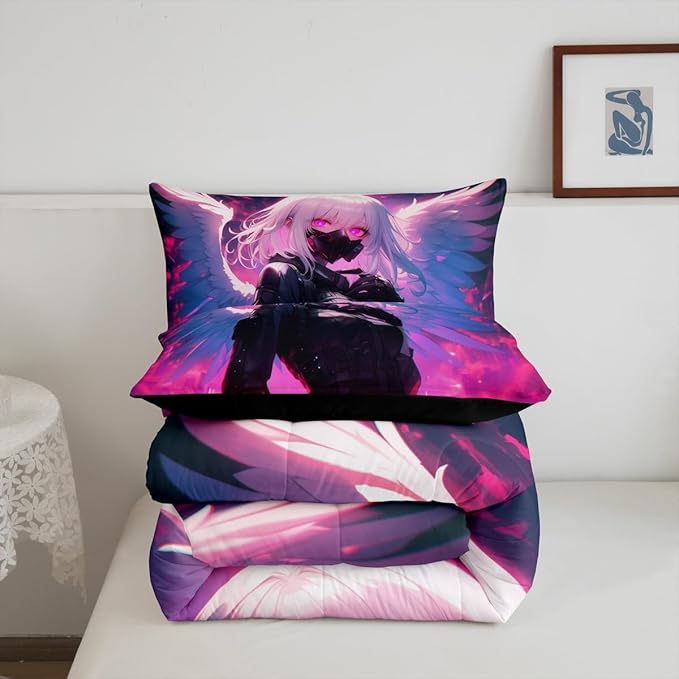 Erosebridal Anime Girl with Wings Bedding King Size for Girls Adults, Kids Japanese Virtual Reality Comforter Cartoon Poster Style Duvet Set for Boys Teen Bedroom Decor with 2 Pillowcases