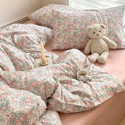 LifeTB Queen Size Comforter Set Boho Pink Floral Bedding Comforter with 2 Pillowcases Vintage Garden Style Boho Comforter for Queen Bed Cute Flower Bedding Fluffy Cottagecore Botanical Comforter Set