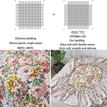 FADFAY Vintage Floral Sheet Set Full 4 Pcs 100% Cotton Soft Shabby French Country Style Garden Flower Bed Sheet Girls Cottagecore Bedding Elegant Peony Printed Deep Pocket Sheet 17.5 inch