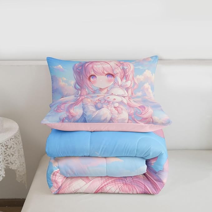 Erosebridal Kawaii Girl Bedding Queen,3D Anime Gifts Comforter Set Japanese Girl with Curly Hair Bed Sets Romance Style Duvet Insert 3 Pieces