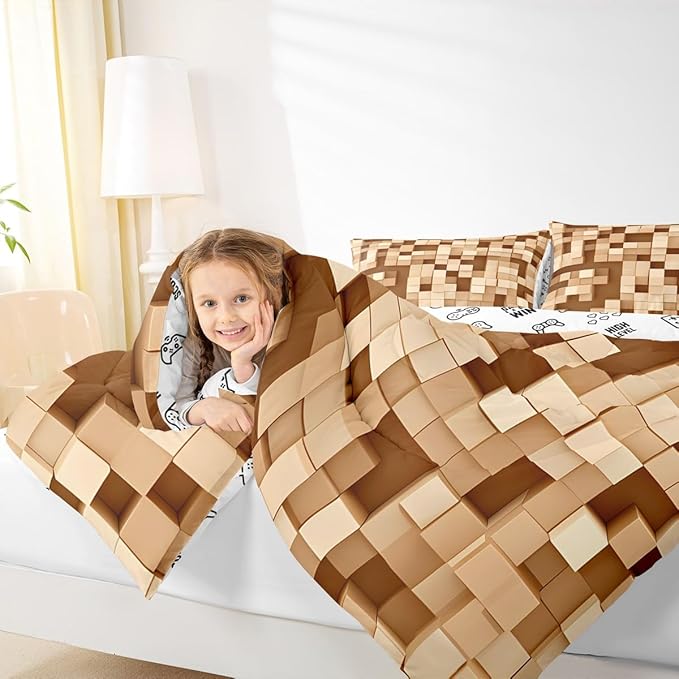 Pixelated Kids Bedding Set King Size,Patchwork Grid Video Games Comforter Set,Miners Lattice Simple Quilt Comforter,Light Brown Bedroom Duvet Insert,2 Pillowcases