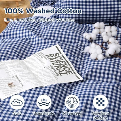 ATsense Navy Blue Gingham Ruffle Duvet Cover Set Cotton Like Linen, King