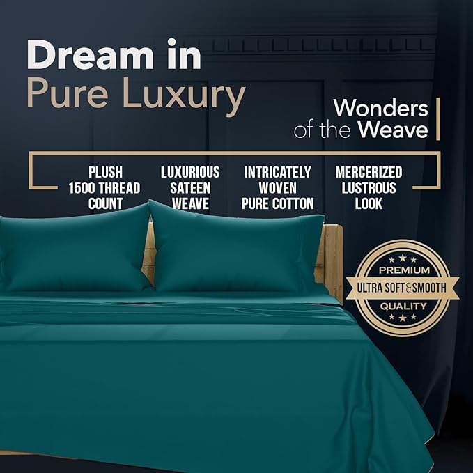 Texas Linen Co. 100% Egyptian Cotton Pillow Cases King Size Set of 2 - Luxury 1500 Thread Count Sateen Weave Teal Pillow Covers, Soft & Breathable Extra Long Staple Pillowcases, Fits King Size Pillows