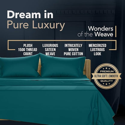 TEXAS LINEN CO. 100% Egyptian Cotton Sheets California King Size - 1500 Thread Count Cal King Sheet Set Egyptian Cotton, 4 PC Luxury Bedsheet (Teal), Soft, Cooling, 17" Deep Pocket Bedsheet Set