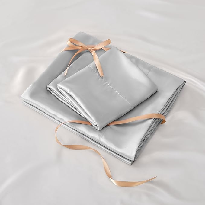 BEDELITE Satin Sheets Queen Size Bed Set, Luxury Soft Grey Silky Sheets for Hair and Skin, Similar to Silk Bed Sheets Set 4 Pieces with 1 Deep Pocket Fitted Sheet, 1 Flat Sheet, and 2 Pillowcases