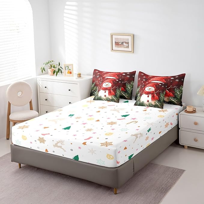 Castle Fairy Snowman with Red Scarf 7 Pieces Bedding Set Queen Bed in a Bag,Rustic Pine Leaves Botanical Plants Comforter Set,Geometric Snowflakes Red Tie Dyed Soft Warm Microfiber Bedding