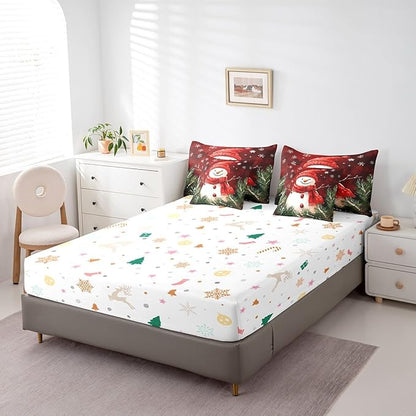 Castle Fairy Snowman with Red Scarf 7 Pieces Bedding Set King Bed in a Bag,Rustic Pine Leaves Botanical Plants Comforter Set,Geometric Snowflakes Red Tie Dyed Soft Warm Microfiber Bedding