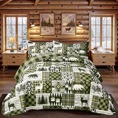 3 Piece Cabin King Size Quilt Sets Farmhouse Rustic Reversible Microfiber Soft Lightweight Bedspread Comforter with 2 Shams Patchwork Country Lodge Bedding Quilts Set for All Season, 106''x96'', Green