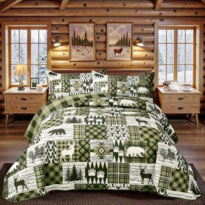 3 Piece Cabin King Size Quilt Sets Farmhouse Rustic Reversible Microfiber Soft Lightweight Bedspread Comforter with 2 Shams Patchwork Country Lodge Bedding Quilts Set for All Season, 106''x96'', Green