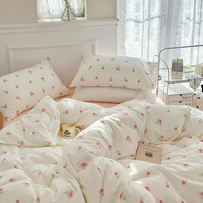 Nayoroom Pink Floral Comforter Set Twin Size Coquette Tulip Printed on White Comforter 2 Pcs Kids Girls Soft Lightweight Cute Bedding Set for All Seasons (1 Comforter, 2 Pillow Shams)