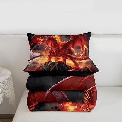 Castle Fairy Dragon Comforter Set King Size,Red Flame Dragons Down Alternative Adults Bedroom Decor,Wild Animals Cool Magical Style Ultra Soft Microfiber Inner Fill 3Pcs Bedding