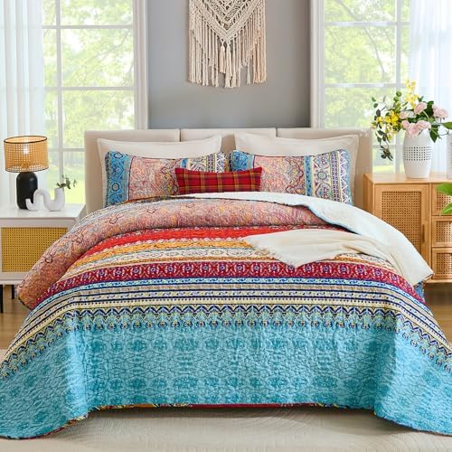 WONGS BEDDING Boho Quilt Queen Size,3 Pieces Soft Blue Stripe Bedding Set