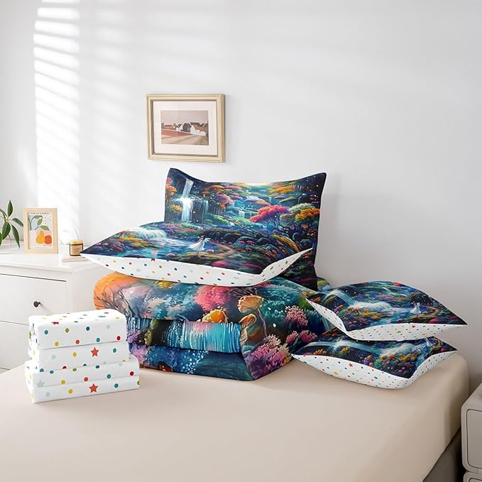 Feelyou Waterfall Comforter Set 7 Pieces Queen Size Moon Landscape Bedding Set for Boys Girls Magical Bed in a Bag with Comforter, Sheets, Pillowcases & Cushion Covers