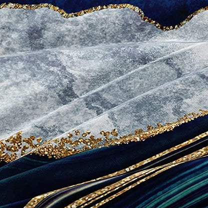 Royal Blue Marble Duvet Cover Set King Size Sequin Gold Bedding Comforter Covers with 2 Pillow Shams Breathable Durable Soft Comfy