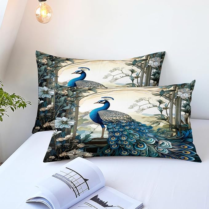 Blue Peacock Comforter Set King Size Bird and Floral Bedding Set Animal Feather Bedding Sets Victorian Style Flower Birds Comforters Soft Down Alternative Comforter Sets for All Season
