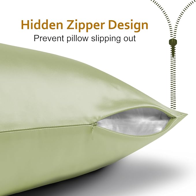 Ravmix Silk Pillow Cases with Zipper, 21momme Mulberry Silk Pillowcase for Hair Skin Health, Soft Smooth Breathable Cool Pillow Cover for Beauty Sleep with Gift Box 1PC(Standard 20"x26", Bean Green)