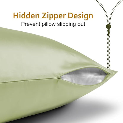Ravmix Silk Pillow Cases with Zipper, 21momme Mulberry Silk Pillowcase for Hair Skin Health, Soft Smooth Breathable Cool Pillow Cover for Beauty Sleep 1PC(Queen 20"x30", Bean Green)