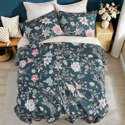 Litanika Floral Teal Quilt King - 3Pcs Botanical Birds Bedding Set