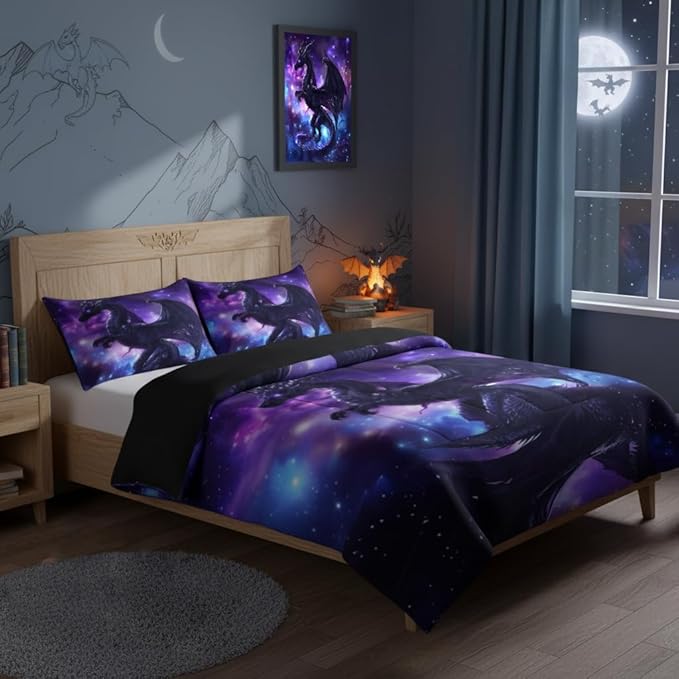 Fantasy Dragon Bedding Set Purple Blue Nebula Comforter Set King Size Mysterious Outer Space Bedding Set for Kids Boys Girls Teens Room Decor Safari Wildlife Animals Quilt Set