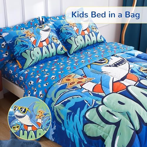 Viviland Twin Bedding Set for Boys 7 Piece Bed in a Bag with Comforter, Sheets, Pillowcases Soft Microfiber Kids Comforter Set, Oeko Certified, Machine Washable, Fun Sea Adventure Theme