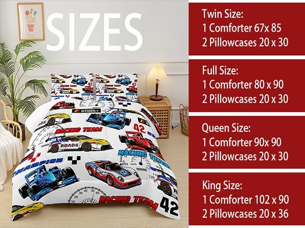 Race Car Themed Comforter Set Queen for Boys，Race Car Bedding Queen Bed Set，Kids Race Car Bedroom Decor with 1 Comforter with 2 Pillow Case