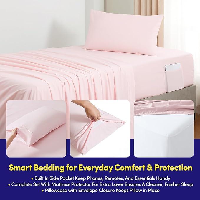 Twin Size Comforter Set Quilted Stripe Bedding Bundle – Comforter, Mattress Protector, Sheets with Pockets on the Side & Built-in Corner Strap – Fitted Sheet Media Pocket for Devices, Pale Pink