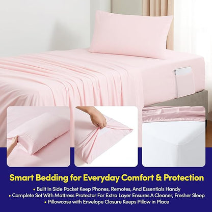 Twin Size Comforter Set Quilted Stripe Bedding Bundle – Comforter, Mattress Protector, Sheets with Pockets on the Side & Built-in Corner Strap – Fitted Sheet Media Pocket for Devices, Pale Pink