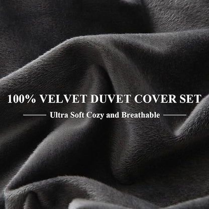 Ivellow Velvet Duvet Cover King Set Charcoal Gray Velvet Duvet Cover King Comforter Cover 3Pcs Ultra Soft Duvet Cover Breathable Solid Luxury Flannel Velour Duvet Cover Zipper Closure Corner Tie