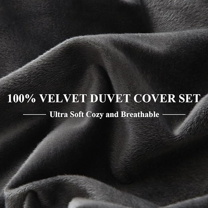Ivellow Velvet Duvet Cover Queen Set - Charcoal Gray 3Pcs Ultra Soft Breathable Solid Luxury Flannel Velour Comforter Cover With Zipper Closure and Corner Ties