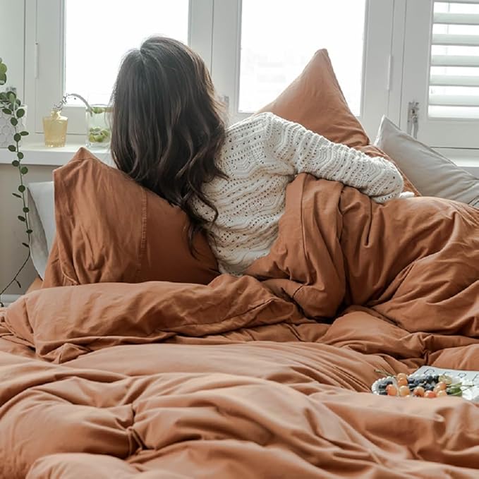 Terracotta Duvet Cover Jersey Knit Cotton Duvet Cover Full Size Caramel 3 Pieces Bedding Set Rust Color Comforter Cover with Zipper Ties Breathable Burnt Orange Comforter Cover Farmhouse Bedding Set