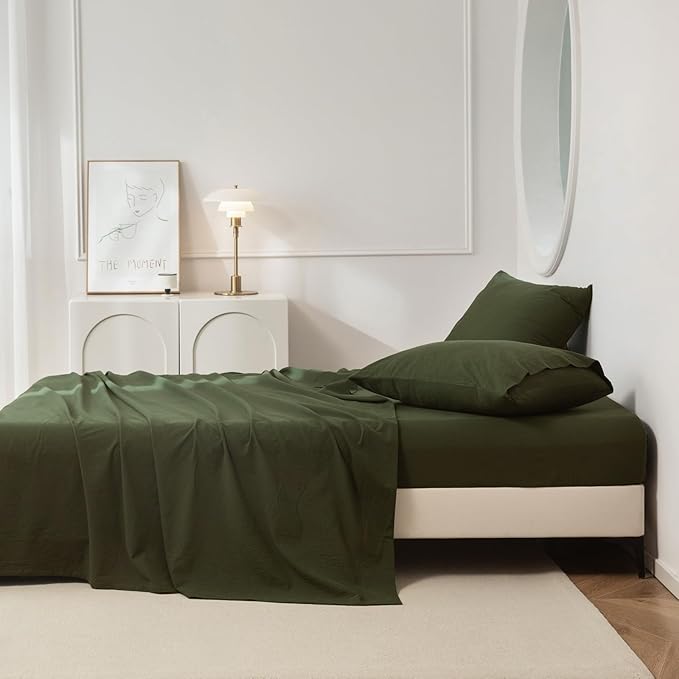 JIYUAN Twin Size Sheet Set, 3-Piece - 100% Washed Cotton, Linen-Like Soft & Breathable, Includes Deep Pocket Fitted & Flat Sheet with 1 Pillowcases, Hotel Quality, Solid Olive Green