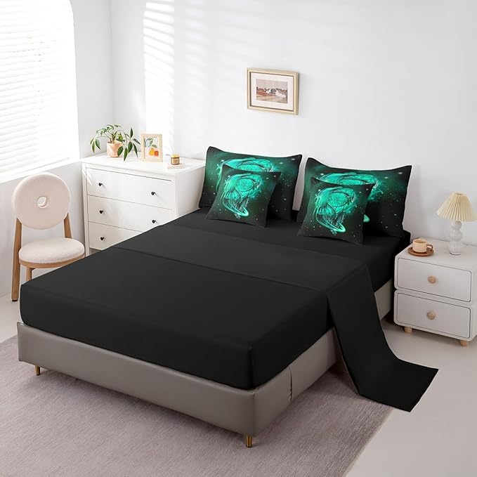 Erosebridal Gothic Dragon Dream Catchers Bed in a Bag Queen Comforter Set 7 Piece,Teal Galaxy Bohemian Feather Bedding Sets Antique Animal Pterosaur Sheet Set with Comforter