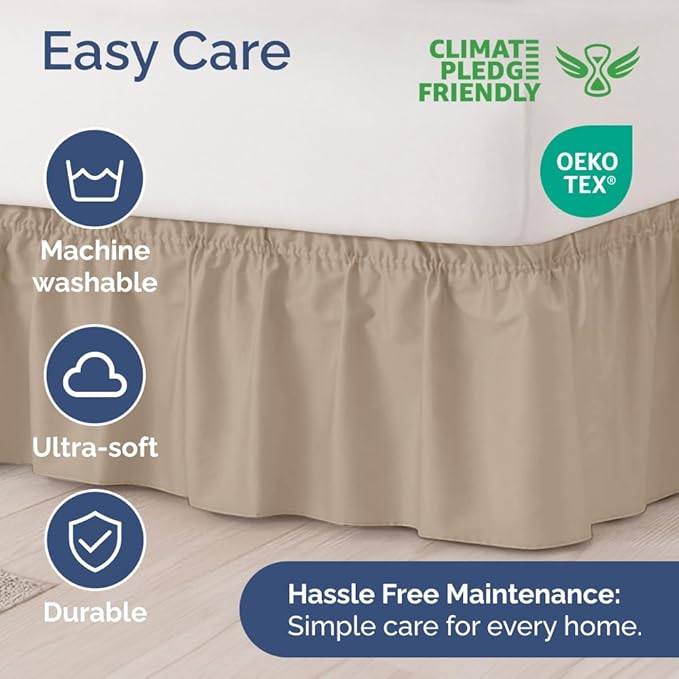 Wrap Around Dust Ruffle Bed Skirt - Cream - for Queen Size Beds with 21 Inch Drop - Easy Fit Elastic Strap - Adjustable Pleated Bedskirt w/Brushed Fabric - Wrinkle Free - for Women, Men, Kids & Teens