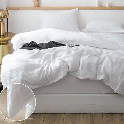 Simple&Opulence 100% Washed Linen Duvet Cover with Pom Pom Trim, Natural French Flax Bedding Set Soft Breathable,1 Farmhouse Boho Comforter Cover and 2 Pillow Shams(Queen,Pure White)