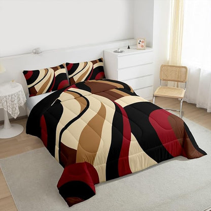 Red Brown Spiral Toddler Comforter for Adult Women Men Modern Swirls Stripes Abstract Bedding Set for Minimalists Boho Aesthetic Geometric Bed Sets Graffiti Art Lines Quilt Duvet Insert