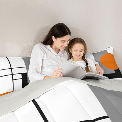 Erosebridal White Black Orange Striped King Bedding Set Boho Modern Geometric Abstract Comforter Set for Adult Women Men Stripes Lines Bed Collections Minimalist Square and Circle Quilt Sets