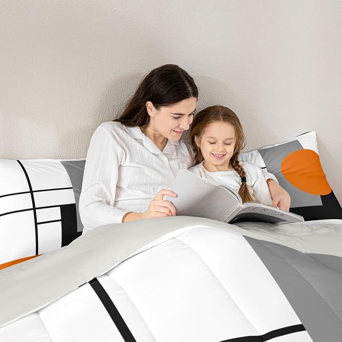 Erosebridal White Black Orange Striped Twin Bedding Sets for Adult Women Men Boho Modern Geometric Abstract Comforter Set Stripes Lines Quilt Set Minimalist Square and Circle Bed Collections
