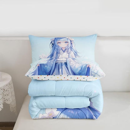Erosebridal Traditional Japanese Girl Comforter Set Kawaii Decor, 3D Anime Girl Bedding Comforter Sets Cartoon Japanese Girl Bedding for Kids Girls Blue Butterfly Decorations Down Comforter Queen