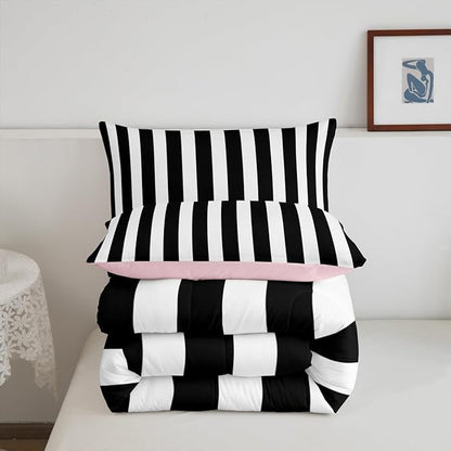 Erosebridal Black and White Striped Full Comforter Set (Pink Reversible) | Striped Bedding Set Pink and Black Comforter Sets for Kids Teens Adults Cute Pinstripe Girls Bed Quilt Sets