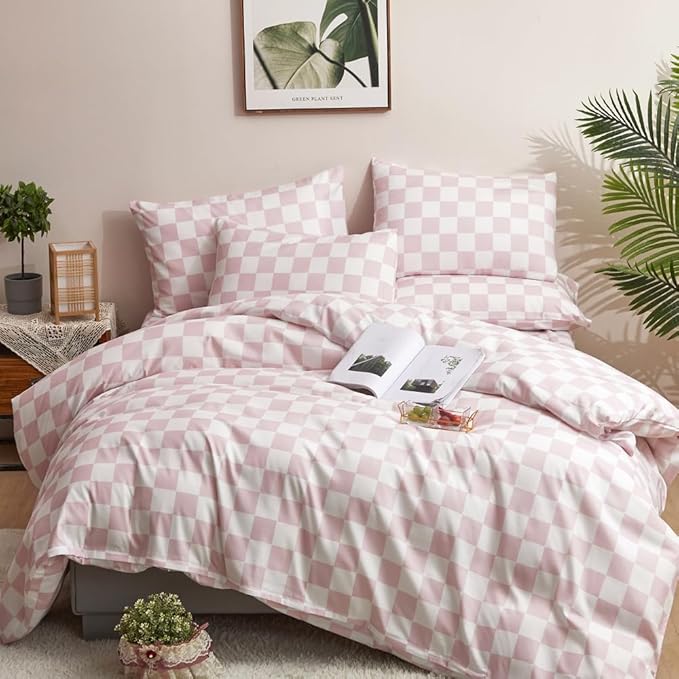 CLOTHKNOW Pink White Plaid Twin Comforter Set Grid Bedding Comforter Sets Soft Checker Comforters with 2 x Pillow Cases