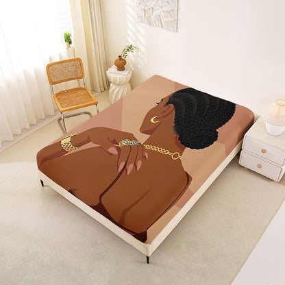 Erosebridal Fashion Black Woman Bedding Set Queen Size 3 Piece Romantic Makeup Themed Girls Bed Sheets Fashionable Gorgeous Fitted Sheet Vogue Afro Girls Sheets for Kids Teens Adult Bedroom